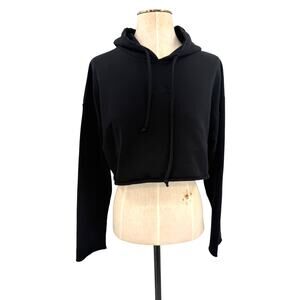 Meshki Black Cropped Logo Hoodie Embroidered Drawstring Raw Hem Relaxed Large